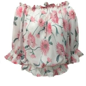 SHEIN Pink and White Floral Off-Shoulder Blouse